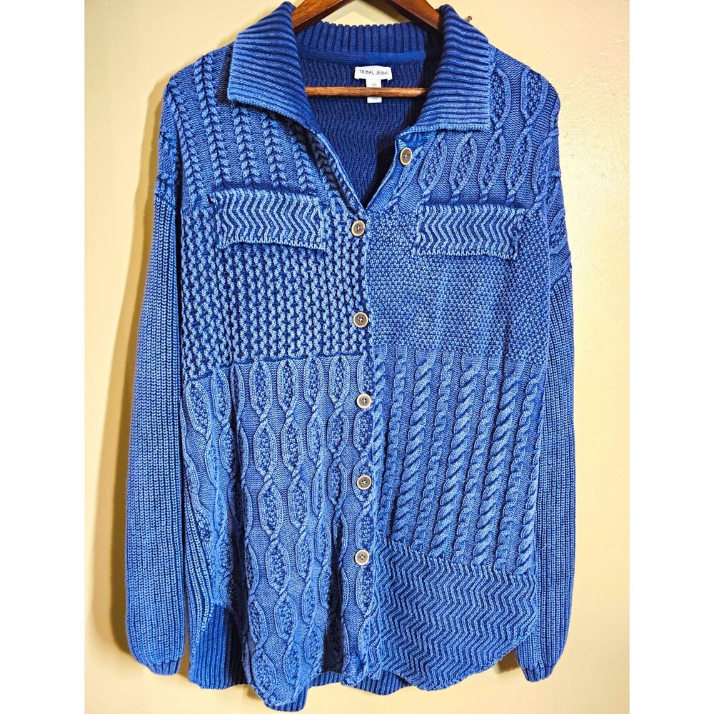 Tribal Jeans Blue 100% Cotton Cable Knit Button Front Cardigan Sweater L